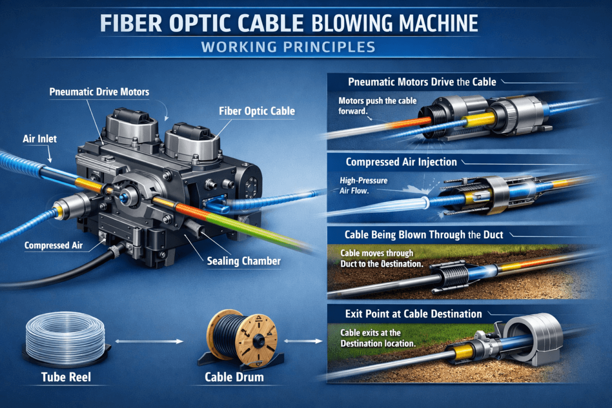 diagram showing how compressed air and feeder force move fiber optic cable through a duct