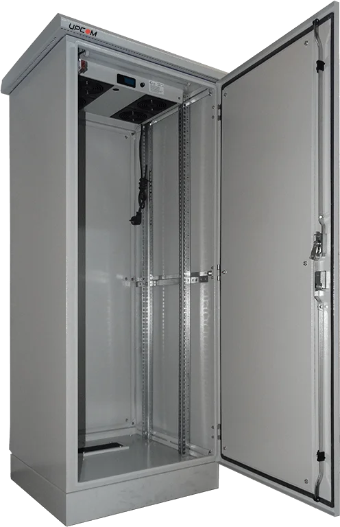 IP55 outdoor cabinet with open door and adjustable 19-inch rails