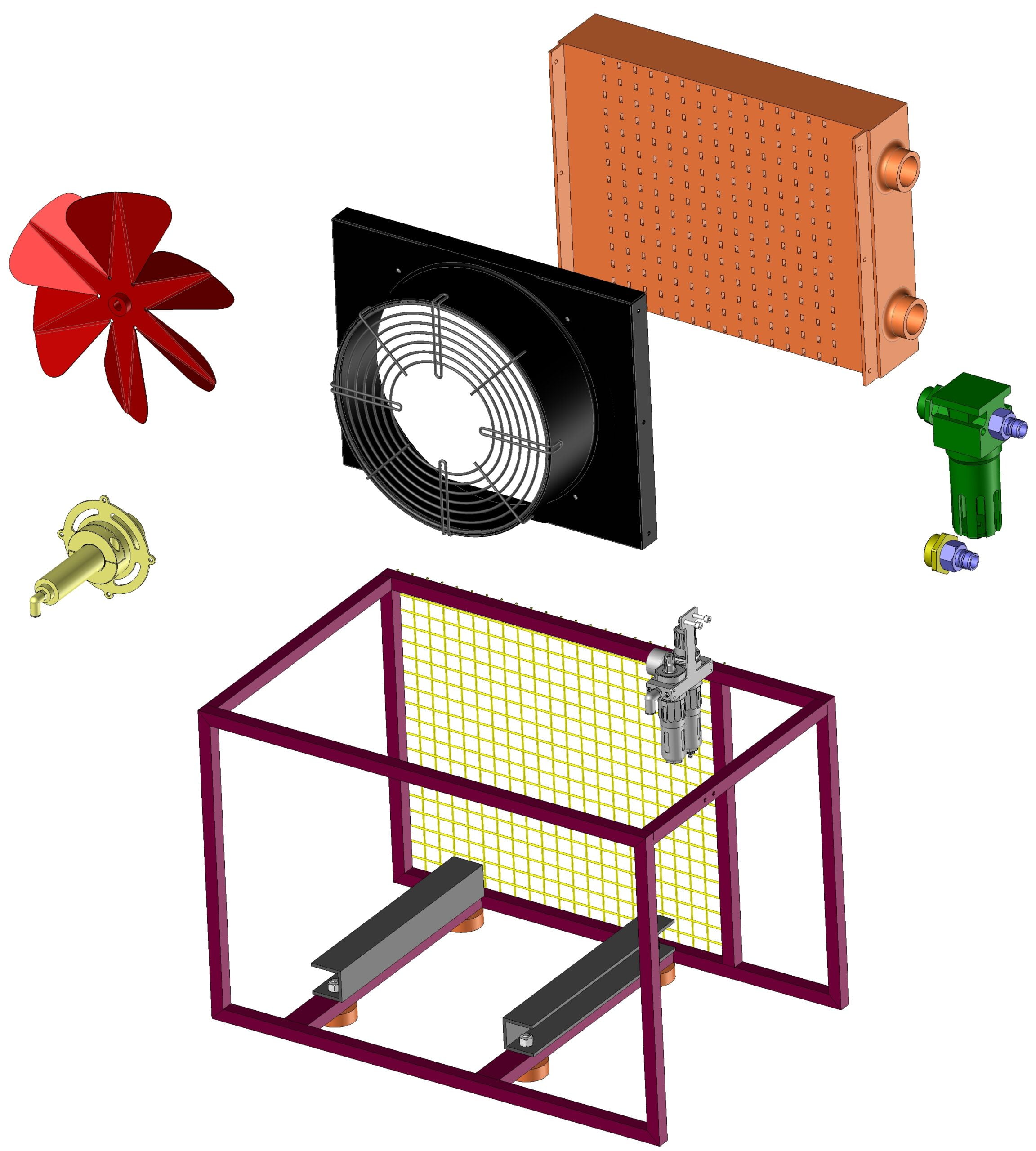 Technical drawing of radiator, filter and frame assembly
