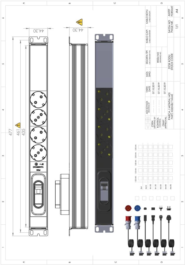 Technical drawing of UP-SC-PDU-19IN-CB-1U-4P