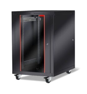 Compact black rack cabinet for network installations