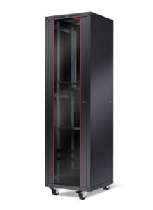 Angled view of tall floor-standing cabinet