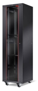 Front cabinet view with black frame and glass door