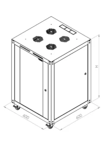 Technical drawing for 600 x 600 mm rack cabinet footprint