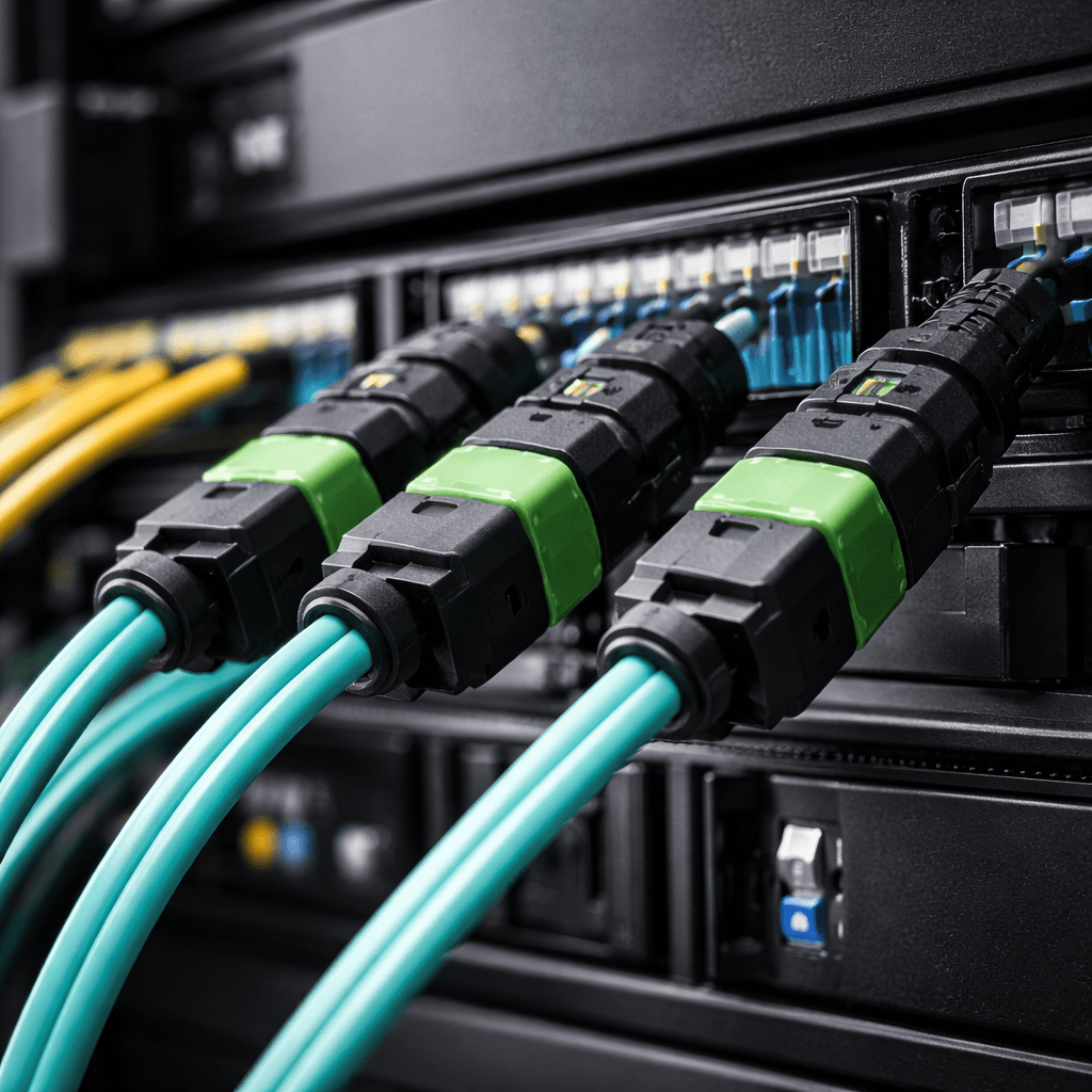 Technician working in a real high-density fiber patching environment with MPO trunk routing