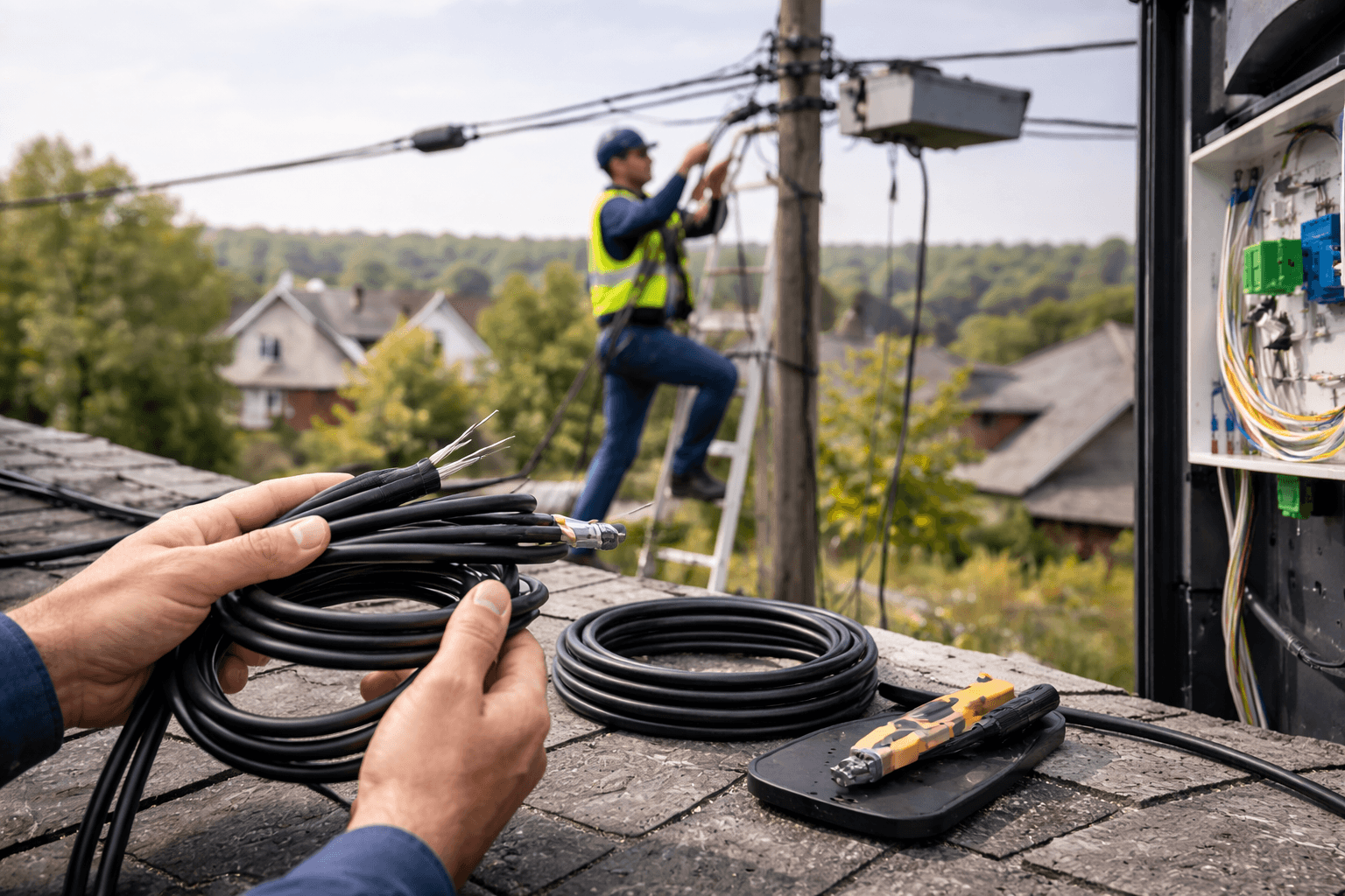 FTTH drop cable field installation with technician, aerial access route and premises termination context