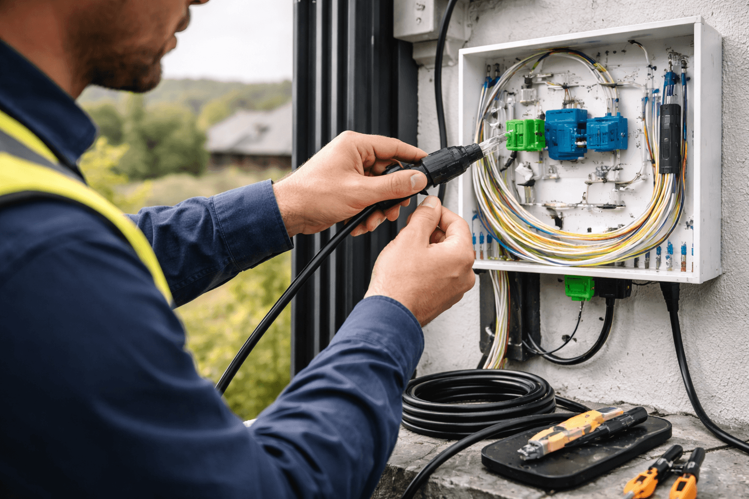 Technician terminating subscriber fiber at an outdoor distribution box