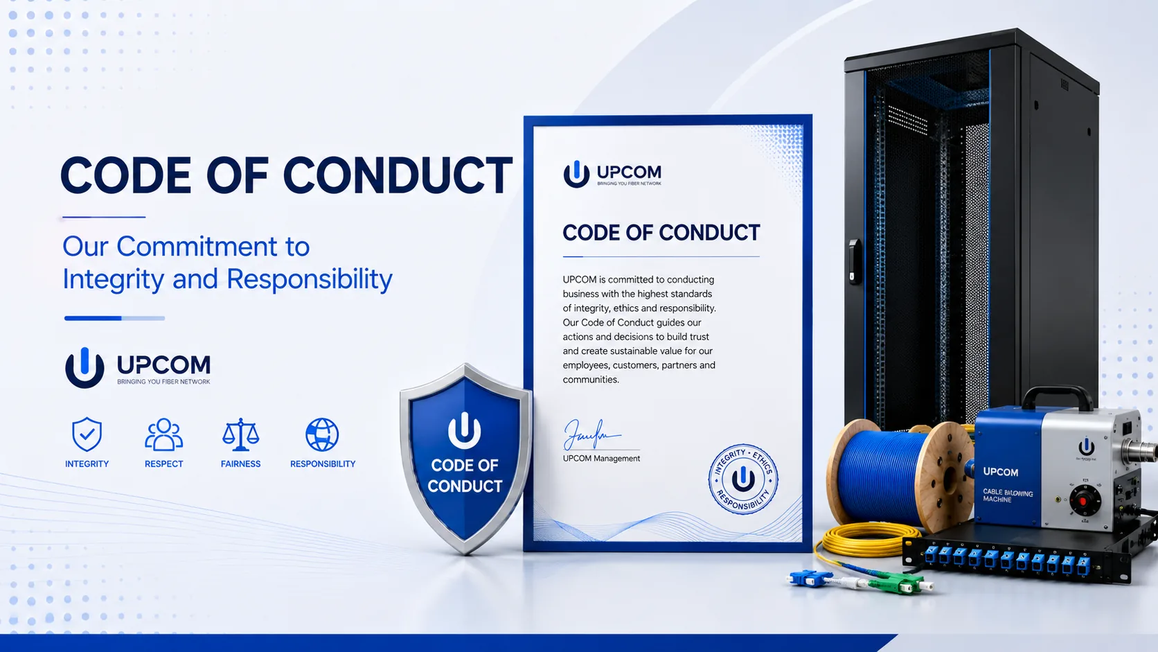 UPCOM Code of Conduct cover image with rack cabinet, cable blowing machine, fiber optic cable and ethical business commitment icons