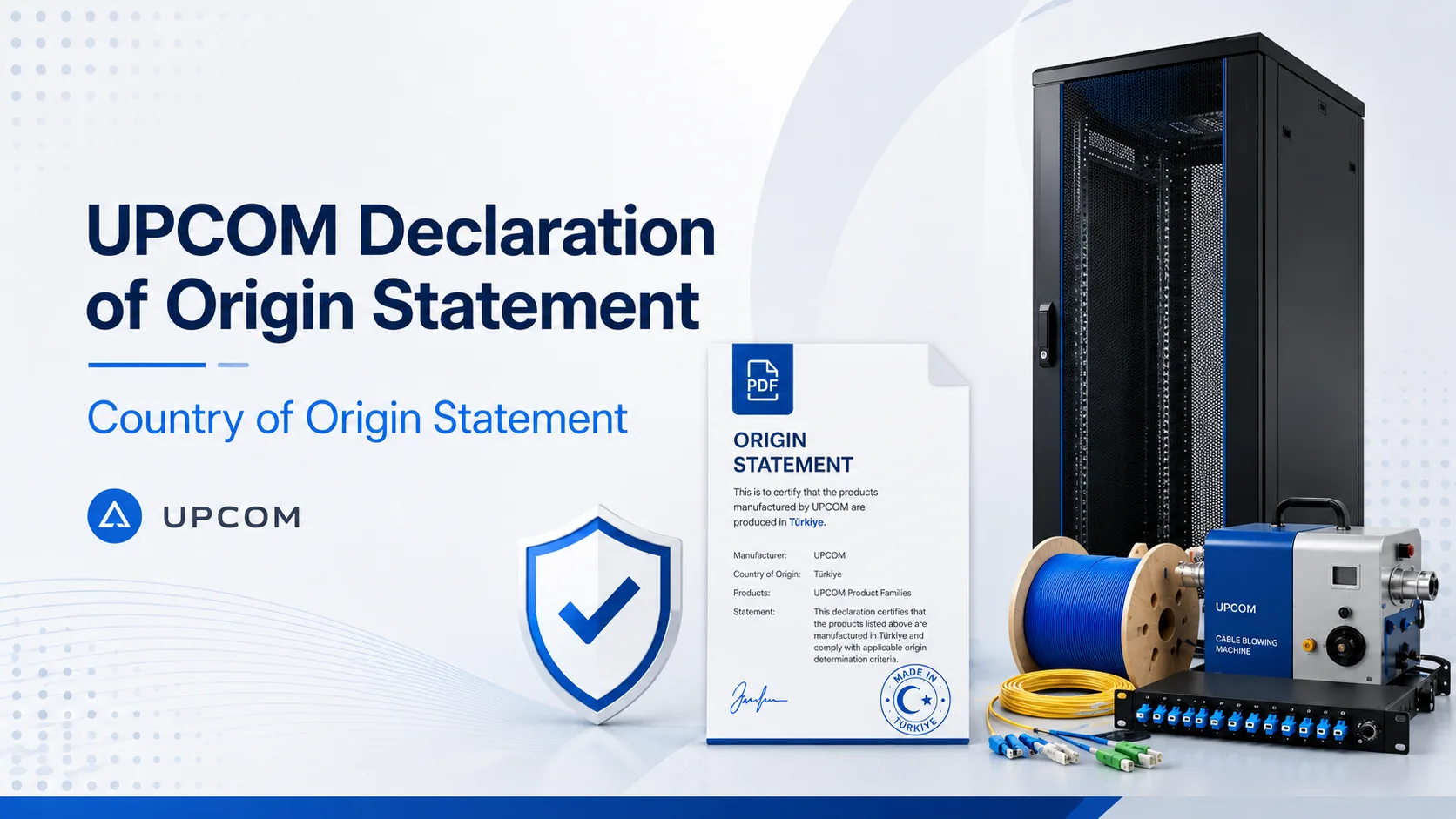 UPCOM Declaration of Origin Statement cover image with rack cabinet, fiber optic cable, cable blowing machine and network connectivity products