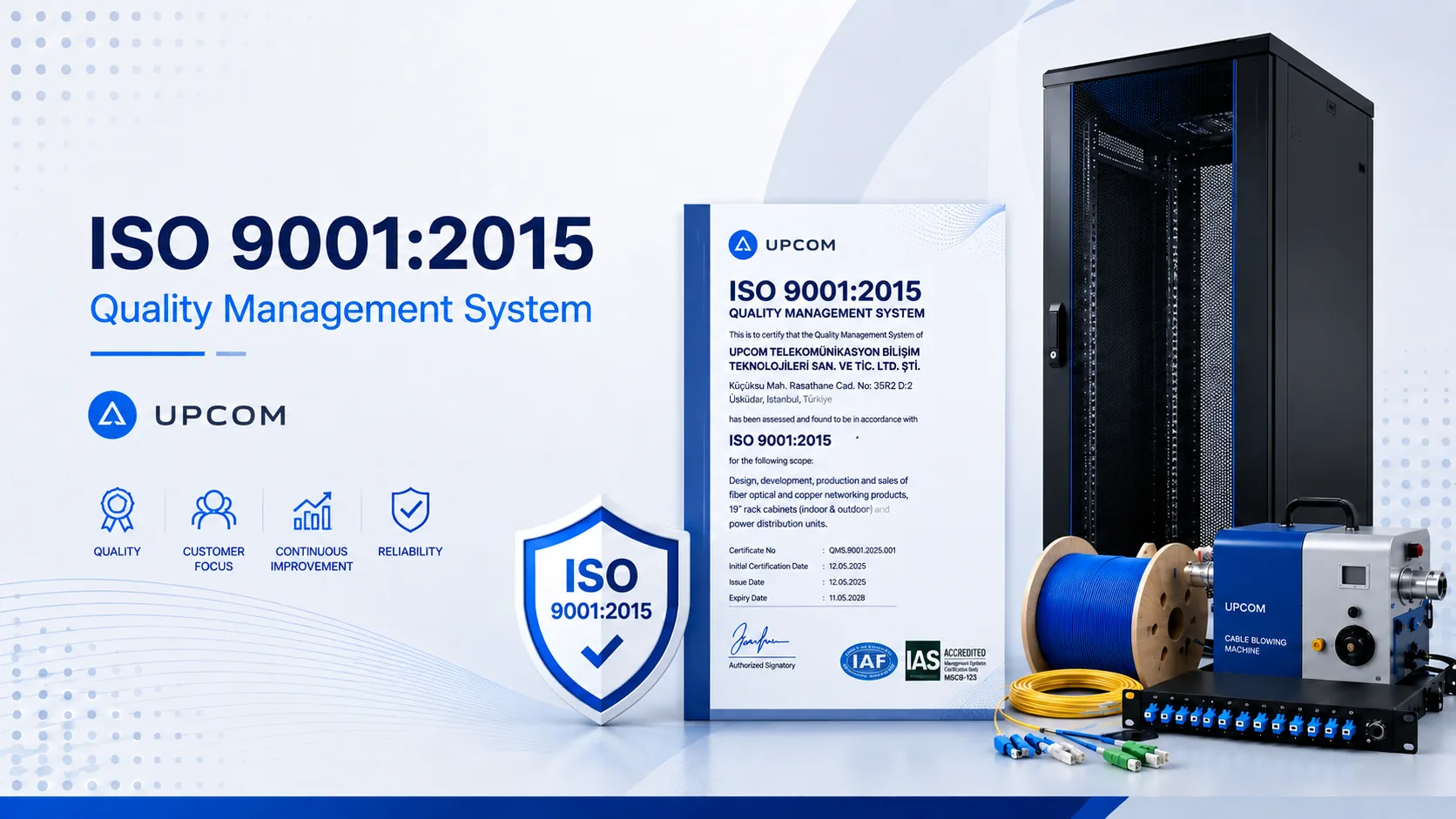 UPCOM ISO 9001:2015 Quality Management System certificate cover image with network cabinet, fiber optic cable and telecom products