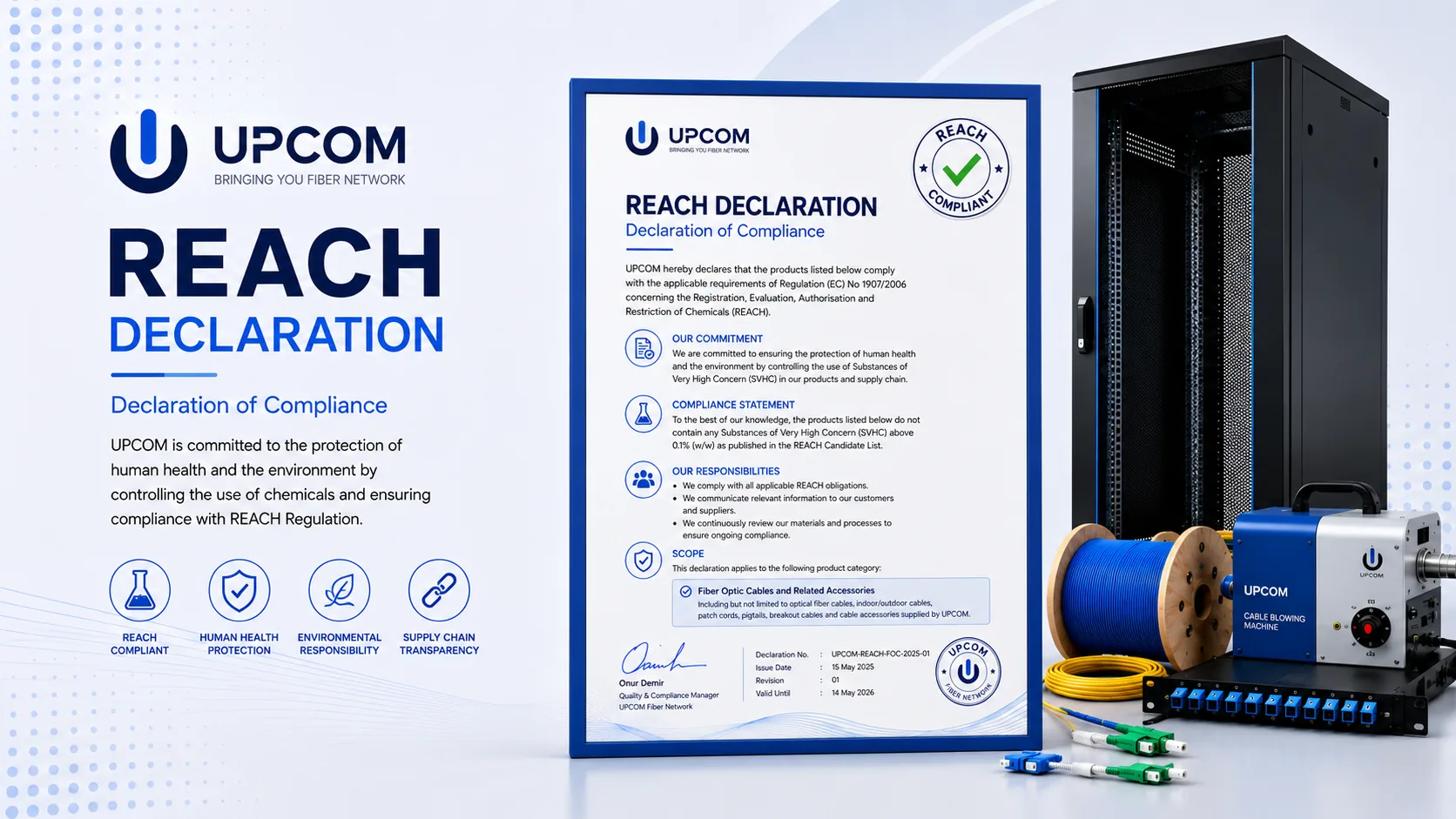 UPCOM REACH Declaration cover image with rack cabinet, cable blowing machine, fiber optic cable and compliance document