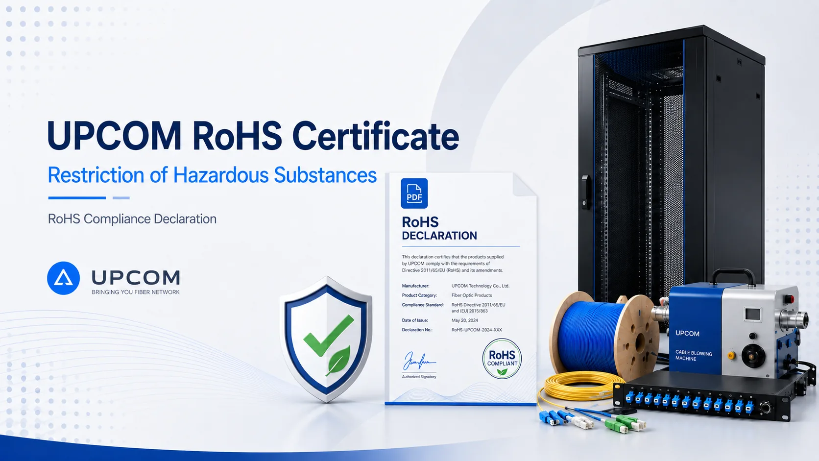 UPCOM RoHS Certificate cover image with rack cabinet, cable blowing machine, fiber optic cable and RoHS compliance declaration